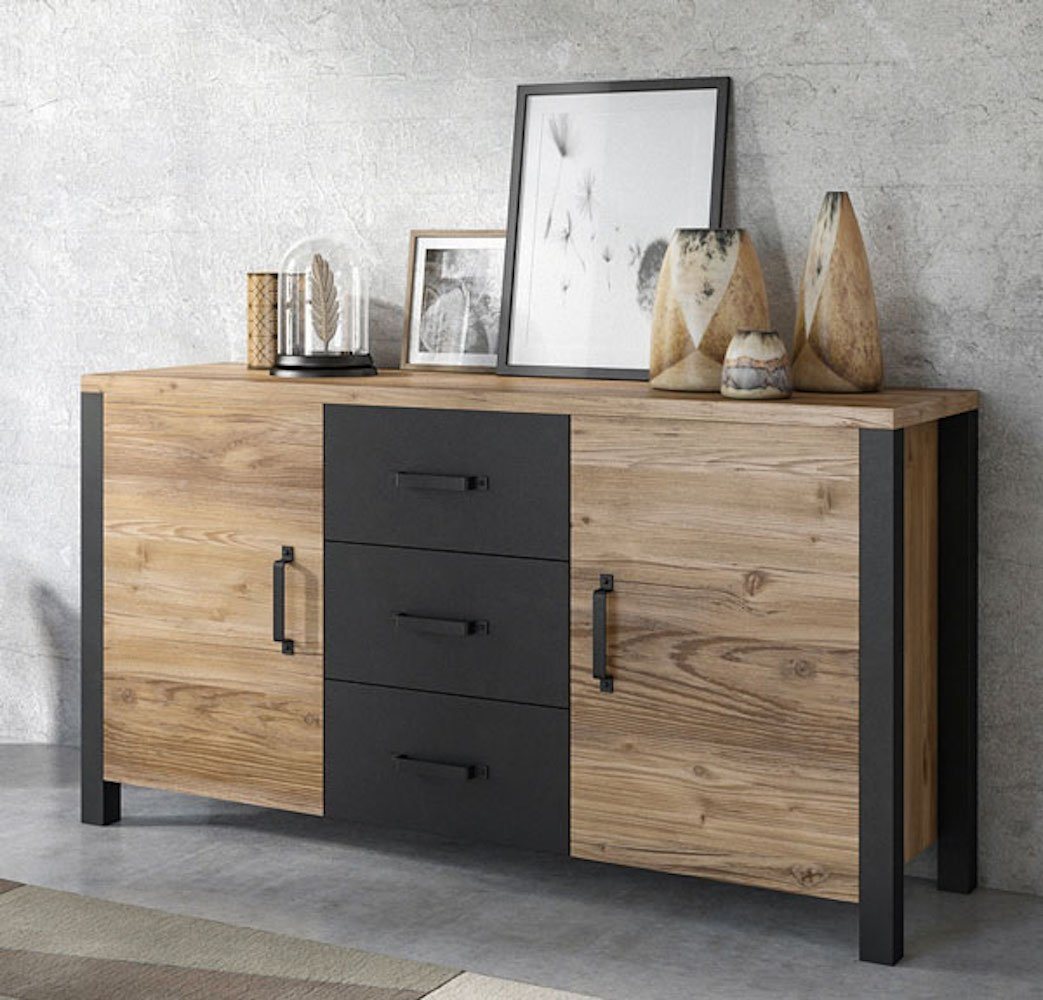 Helvetia Sideboard Osuna, 147cm appenzeller fichte - schwarz 2-türig mit 3 Schubladen von Helvetia