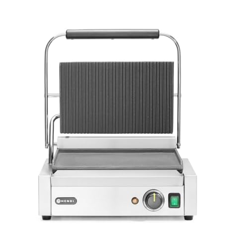 HENDI Kontaktgrill, Panini-, sandwich- & Kontaktgrill, Regelbar bis max. 300°C, Oberseite (H)530mm, Grillfläche 340x230mm, 230V, 2200W, 430x379x(H)210mm, Edelstahl von HENDI