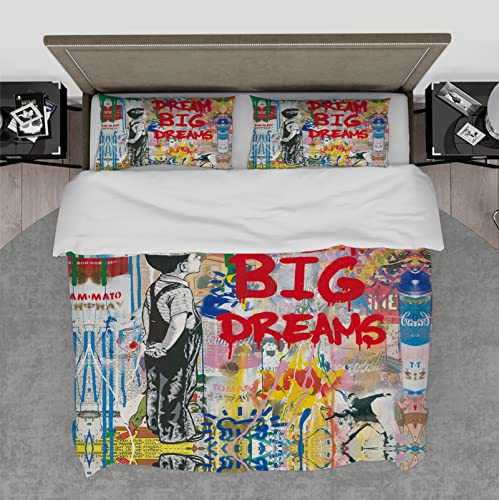 HengYun ART Banksy Graffiti Bettbezug Dream Big Dream Bettbezug-Set mit verstecktem Reißverschluss Erleben Sie hotelähnliches Komfort-Bettwäsche-Set für Kinder 135x200cm von HengYun ART