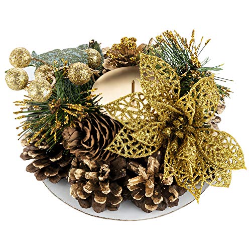 Adventsgesteck Künstlich,Weihnachtskranz mit Kerzenhalter,für Weihnachtsdeko Innen,mit Goldenen Durchbrochenen Blumen,ca.15cm,für Hengsong von Hengsong