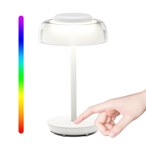 Henzin Tischlampe Touch Dimmbar, Warmweiß 3000K mit RGB, Led Nachttischlampe Akku, Led Nachtlicht Kabellos für Garten Esstisch Schlafzimmer Hotel (weiß) von Henzin