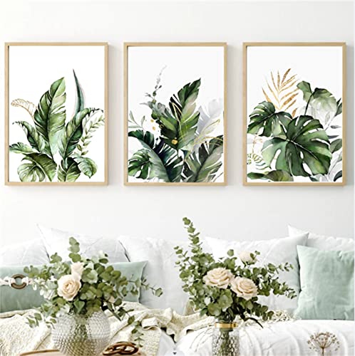 Herfair 3er Poster Set Grün Pflanzen Blätter Wandbilder Modern Blumen Rosa Leinwand Bilder Wandbild Bilder Set Wanddeko Wohnzimmer Decor OHNE Rahmen (Grüne Blätter,50x70cm) von Herfair