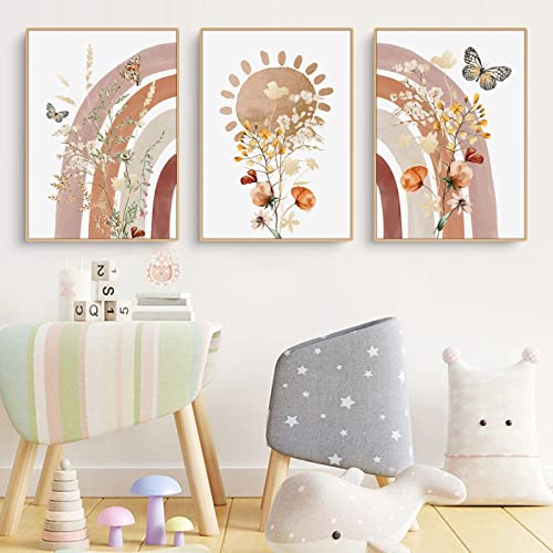 Herfair 3er Set Poster Kinderzimmer Deko Regenbogen Sonne Blume und Schmetterling Bilder, Kinderzimmer Deko Bilder Set Junge Mädchen Babyzimmer Kinderbilder (50x70cm) von Herfair