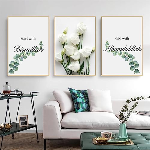 Herfair 3er Set Premium Poster Pflanzen Blumen Wandbilder, Islamisch Poster Wohnzimmer Grün Modern Wanddeko Bilder, Ohne Rahmen Leinwandbilder (30x40cm) von Herfair