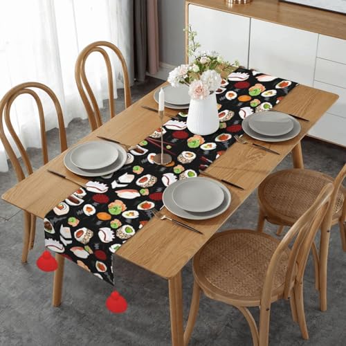 Japanischer Sushi-Tischläufer, schwarzer Druck, Jute, Tischläufer, Erntedankfest, Küche, Esstisch, Dekoration für drinnen und draußen, Zuhause, Party, 35,6 x 152,4 cm von HerfsT