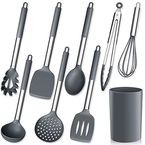 Herogo Küchenhelfer Set, 9 Stück Silikon Kochutensilien Kochbesteck Set mit Utensilienhalter, Grau Küchenutensilien Pfannenwender Set mit Edelstahlgriff, Hitzebeständiger & Antihaft von Herogo