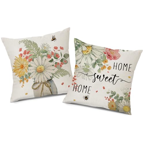 Kissenbezüge 45x45 cm Frühling Dekorative Sofakissen Leinen Bunte Aquarell Blumen Biene Vogel Gänseblümchen Vase Sommer Kissenhülle für Couch Farmhouse Drinnen Draussen Wohnkultur 2er-Set von Hervueiy