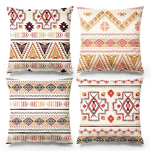 Kissenbezüge Weiß Ethno 40 x 40 cm Baumwolle Leinen Dekorative Boho Raumdeko Vintage Quadratische Geometrie für Couch Wohnzimmer Kissen Bett Draussen Heimdeko 4er Set von Hervueiy