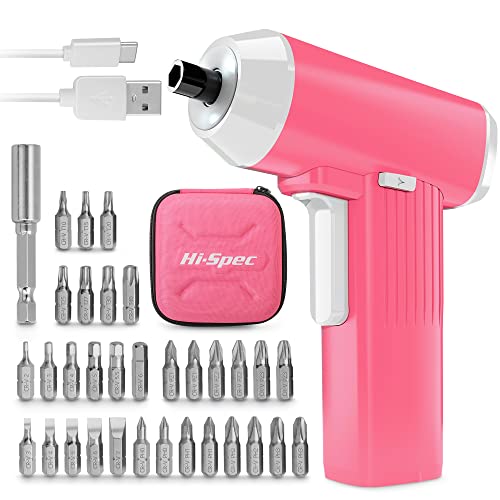 Hi-Spec 3.6V USB Wiederaufladbarer Elektrischer Akku Schraubendreher in Pink Rosa: Mini elektrischer Akkuschrauber mit 33 Bit-Größen- Inklusive Praktischer Tasche von Hi-Spec