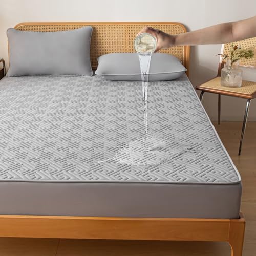 Wasserdichter Matratzenschoner 120x200cm Spannbettlaken,Matratzen Topper, Wasserdichter und Atmungsaktive Matratzenbezug, waschbar,Kariert Grau von HiBeauty PRO