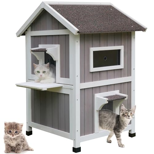 HiCaptain wetterfestes Katzenhaus für Draußen, draußen hölzernes streunendes Katzenhaus 2-stöckiges großes Katzenhaus für 2-3 Katzen-53x53x92cm (grau) von HiCaptain