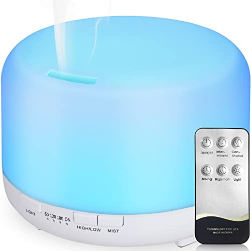 Hianjoo Aroma Diffuser 450ml, Luftbefeuchter mit Timer, Ultraschall Aromatherapie Diffusor 7 Farben LED mit Fernbedienung für Schlafzimmer/Büro/Yoga/Spa - Reines Weiß von Hianjoo