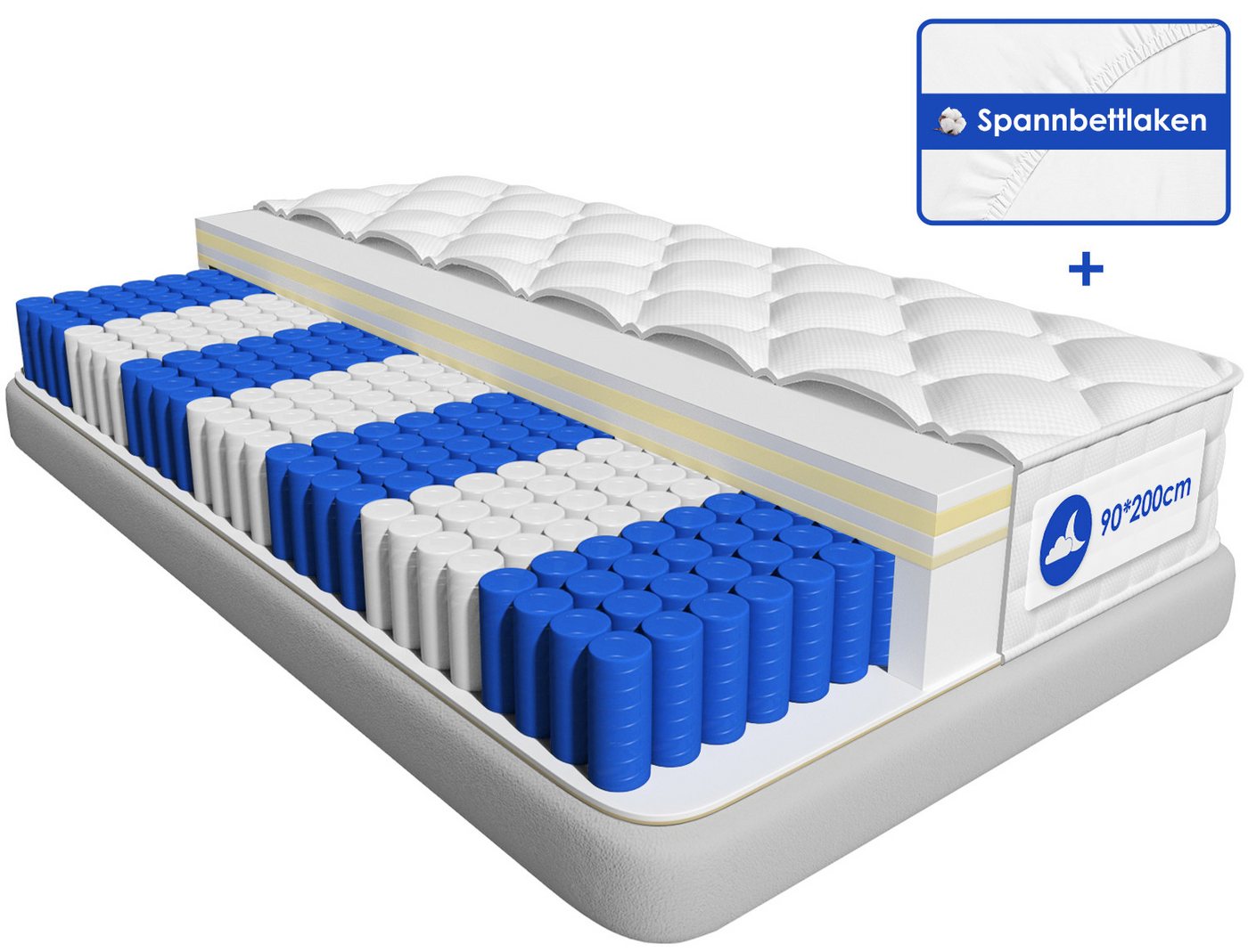 Boxspringmatratze Matratze, 7-Zonen Federkernmatratze Matratzen, Hiazurm, 22 cm hoch, (Orthopädische Taschenfederkernmatratze mit Atmungsaktive Bezug), EU-Qualitätszertifizierung, Matratze für Kinder und Erwachsene, 90*200CM von Hiazurm