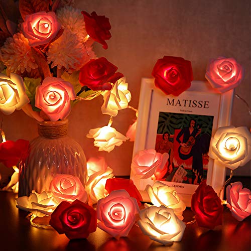 Hiboom Blume Lichterketten, 6,6 Ft 20 LED Künstliche Rose Girlande Fee Lichter Batteriebetriebene Dekoration für Muttertag Hochzeit Geburtstag Jahrestag (Rot, Rosa, Weiß Blume mit Warmweiß Licht) von Hiboom