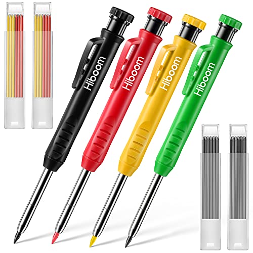 Tischler Bleistift Set mit Eingebautem Spitzer 4 Tieflochmarker Baustelle Druckbleistift Set, Zimmermannsbleistift Handwerker Bleistifte DIY Werkzeug mit 28 Bleistiftminen Schwarz Gelb Rot Grün von Hiboom