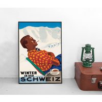 Urlaub Travel Poster -Winter in Der Schweiz - Wintersport Skispringen Ski Vintage Plakat Kunstdruck von Historyonyourwall