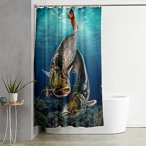 Hixingo 3D Fisch Wasserdicht Duschvorhang, Blickdicht Duschvorhänge mit 12 Duschvorhängeringen Duschvorhang Waschbar Duschvorhang Set für Familie (180x200cm,Wels) von Hixingo