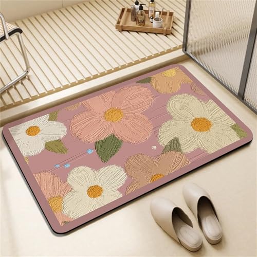 Hixingo Badematte rutschfeste Frisch Floral Muster Badvorleger Saugfähige Kieselgur Bodenmatte Schnelltrocknende Badezimmerteppich Waschbar für Dusche, Badewannen, Küche (Rosa,40x60cm) von Hixingo