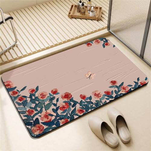 Hixingo Badematte rutschfeste Frisch Floral Muster Badvorleger Saugfähige Kieselgur Bodenmatte Schnelltrocknende Badezimmerteppich Waschbar für Dusche, Badewannen, Küche (Rose,45x70cm) von Hixingo