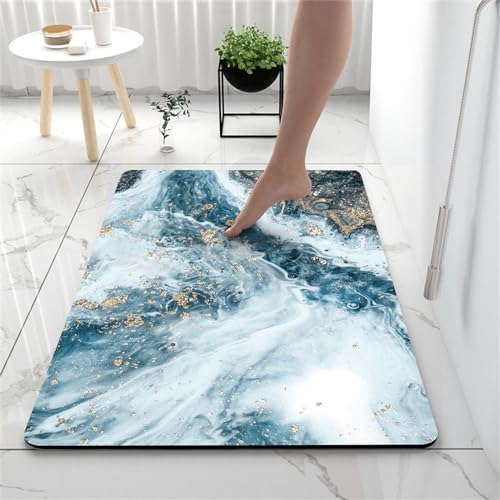 Hixingo Kieselgur Badematte rutschfeste Modern Marmor Badvorleger Absorbierender Badezimmerteppich, Waschbar Schnelltrocknende Bodenmatte für Dusche, Badewannen, Küche (40x60cm,Blau Weiß) von Hixingo