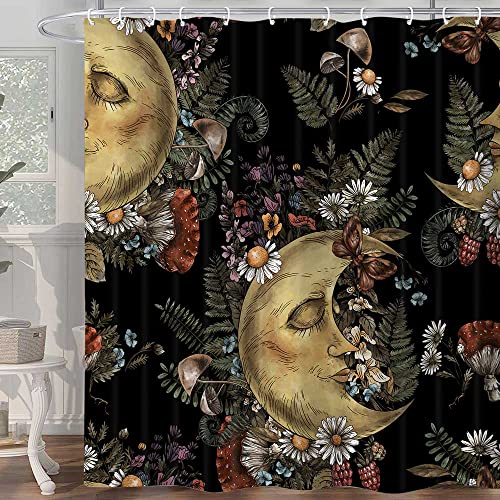 Hjokiupt Vintage-Mondpilz-Duschvorhang, mystisch, niedlich, Fantasie-Fee, Vintage, Boho-Nachtpflanzen, Blätter, ästhetisch, 183 x 183 cm, Polyester, 12 Kunststoffhaken, wasserdichte Dekoration von Hjokiupt