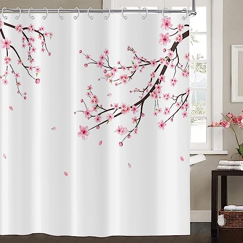 Duschvorhang Kirschblüten 180x240, Hnmdmyi Rosa Blumen Duschvorhänge Japanisch Asiatischer Stil Sakura Kunst Badewanne Vorhang Wasserdicht Polyester Stoff Waschbar Badevorhang für Badezimmer mit Haken von Hnmdmyi