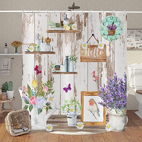 Hnmdmyi Duschvorhang Bauernhaus 180x240, Vintage Land Frühling Blumen Duschvorhänge Rustikal Antik Holz Badewanne Vorhang Wasserdicht Polyester Stoff Waschbar Badevorhang für Badezimmer mit Haken von Hnmdmyi