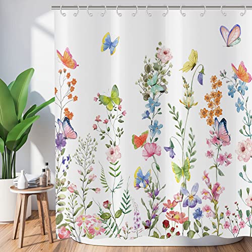 Hnmdmyi Duschvorhang Blumen 180x240, Bunte Blumen Grünes Blätter Duschvorhänge Aquarell Wildblume Pflanze Botanisch Badewanne Vorhang Wasserdicht Polyester Stoff Waschbar Badevorhang mit Haken von Hnmdmyi