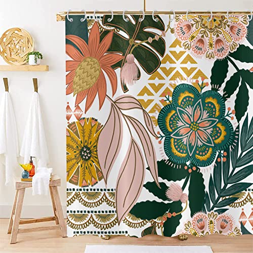 Hnmdmyi Duschvorhang Boho Blumen 180x240, Abstrakte Böhmische Blumen Tropische Blätter Bunte Badevorhang Mid Century Modern Ästhetische Kunst Wasserdicht Polyester Stoff Waschbar Badewanne Vorhang von Hnmdmyi