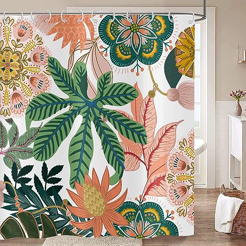 Hnmdmyi Duschvorhang Boho Blumen 240x180, Abstrakte Böhmische Blumen Tropische Blätter Bunte Badewanne Vorhang Mid Century Modern Ästhetische Kunst Wasserdicht Polyester Stoff Waschbar Badevorhang von Hnmdmyi