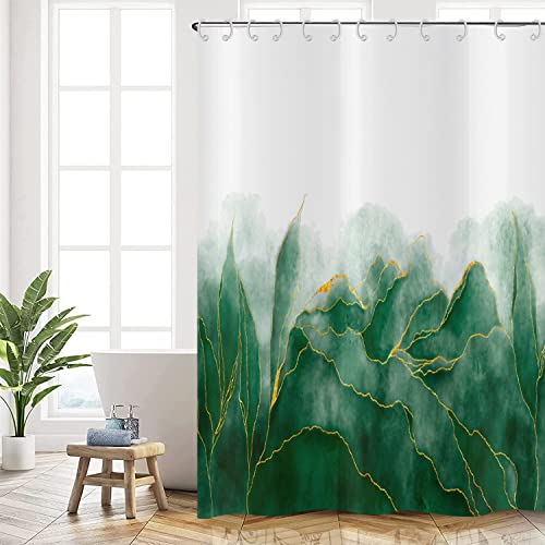 Hnmdmyi Duschvorhang Grün 180x240, Marmor Duschvorhänge Abstrakte Goldene Linien Aquarell Pflanze Botanisch Moderne Badewanne Vorhang Wasserdicht Polyester Stoff Waschbar Badevorhang mit Haken von Hnmdmyi