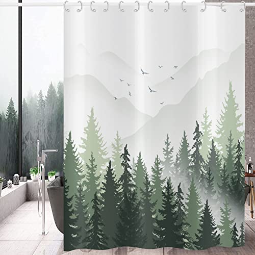 Hnmdmyi Duschvorhang Grün 180x240, Nebliger Wald Berg Natur Baum Pflanze Waldland Dekorative Badewanne Vorhang Wasserdicht Polyester Stoff Waschbar Badevorhang für Badezimmer mit Haken von Hnmdmyi