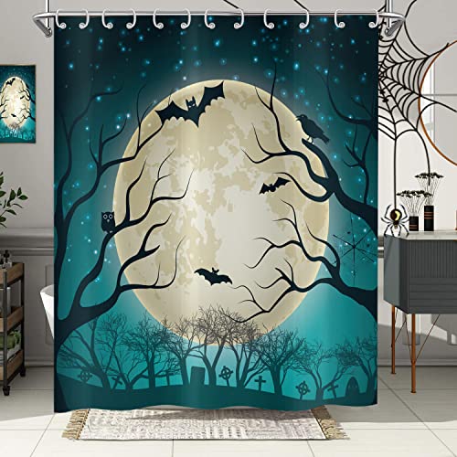 Hnmdmyi Duschvorhang Halloween 180x240, Schwarzer Toter Baum Fledermaus Vollmond Grüner Duschvorhänge Gruseliges Halloween Thema Party Urlaub Badewanne Vorhang Wasserdicht Stoff Waschbar Badevorhang von Hnmdmyi