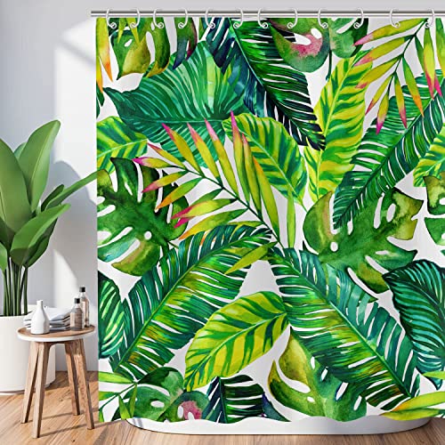 Hnmdmyi Duschvorhang Tropischer Blätter 180x240, Grüne Banane Palmenblätter Duschvorhänge Dschungel Pflanze Botanisch Badewanne Vorhang Wasserdicht Polyester Stoff Waschbar Badevorhang mit Haken von Hnmdmyi