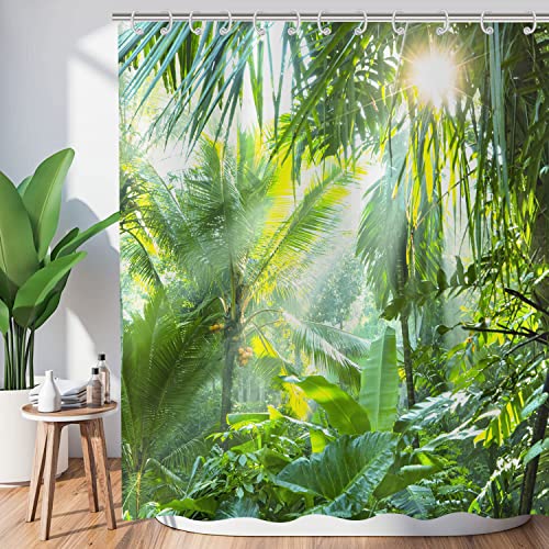 Hnmdmyi Duschvorhang Wald 240x180, Tropischer Dschungel Regenwald Grüne Palmen Baum Pflanze Natur Landschaft Szenerie Badewanne Vorhang Wasserdicht Polyester Stoff Waschbar Badevorhang mit Haken von Hnmdmyi