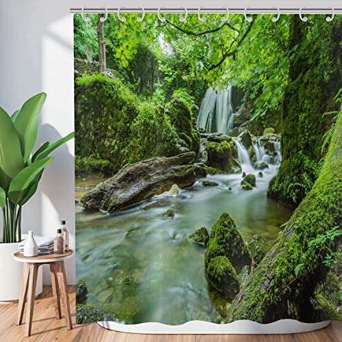 Hnmdmyi Duschvorhang Wald 240x180, Tropischer Dschungel Regenwald Grüner Baum Pflanze Natur Landschaft Wasserfall Szenerie Badewanne Vorhang Wasserdicht Polyester Stoff Waschbar Badevorhang mit Haken von Hnmdmyi