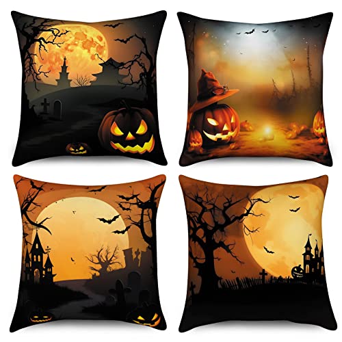 Hnmdmyi Halloween Kissenbezug 50x50 4er Set, Spooky Kürbis Vollmond Schloss Toter Baum Fledermaus Dekorative Kissenbezüge Schwarz Orange Leinen Kissenhülle für Sofa Couch Bett Outdoor Home Decor von Hnmdmyi