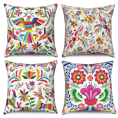 Hnmdmyi Kissenbezug Blumen 50x50 4er Set, Mexikanischen Bunten Ethnischen Vögel Blumen Dekorative Kissenbezüge Ästhetische Kunst Leinen Kissenhülle für Sofa Couch Bett Garten Outdoor Home Decor von Hnmdmyi