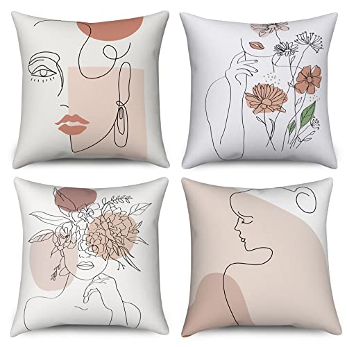 Hnmdmyi Kissenbezug Boho 50x50 4er Set, Abstrakt Minimalistisch Frau Gesicht Körper Linie Floral Pflanze Dekorative Kissenbezüge Moderne Kunst Ästhetische Leinen Kissenhülle für Sofa Couch Home Decor von Hnmdmyi