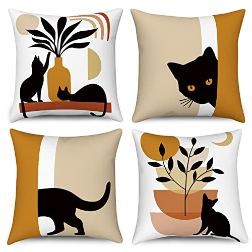 Hnmdmyi Kissenbezug Boho 50x50 4er Set, Abstrakte Schwarze Katze Pflanze Sonne Mond Dekorative Kissenbezüge Moderne Minimalistische Kunst Ästhetische Leinen Kissenhülle für Sofa Outdoor Home Decor von Hnmdmyi