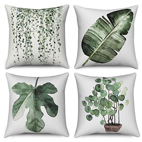 Hnmdmyi Kissenbezug Grün 50x50 4er Set, Aquarell Eukalyptus Blätter Pflanze Botanisch Dekorative Kissenbezüge Leinen Quadratische Kissenhülle für Sofa Couch Bett Outdoor Home Decor von Hnmdmyi