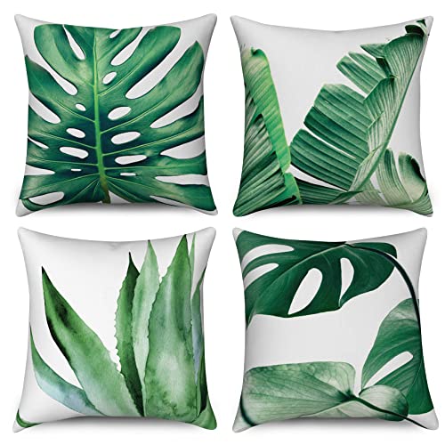 Hnmdmyi Kissenbezug Grün 50x50 4er Set, Tropische Bananenpalme Monstera Blätter Pflanze Dekorative Kissenbezüge Leinen Quadratische Kissenhülle für Sofa Couch Bett Garten Outdoor Home Decor von Hnmdmyi