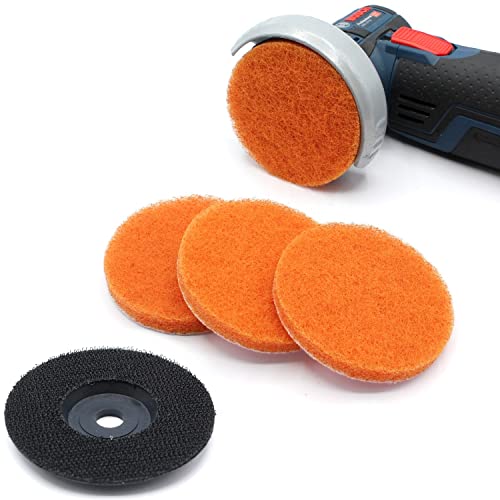 Set 4x Reinigungsscheibe + 1x Schleifteller Poliervlies Schleifvlies Schleifscheiben 76 x 10 mm Reinigungsvlies für Metall Edelstahl Teller 76mm Akku Winkelschleifer (Orange = Korn 1500 + Teller) von HobbyPower24