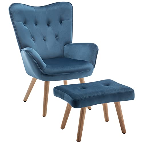 HollyHOME Sessel mit Hocker Wohnzimmerstuhl Relaxsessel, Polsterstuhl Samtstoff Akzent Stuhl mit Fußschemel Loungestuhl, Lesestuhl für Schlafzimmer, Blau von HollyHOME