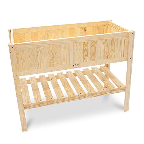 Holtaz Hochbeet Sarah aus Holz für den Garten Balkon Gartenbeet Blumenbeet Blumenkasten Pflanzkasten mit Folie und praktische Ablage 116x57x89 cm Naturbelassen von Holtaz