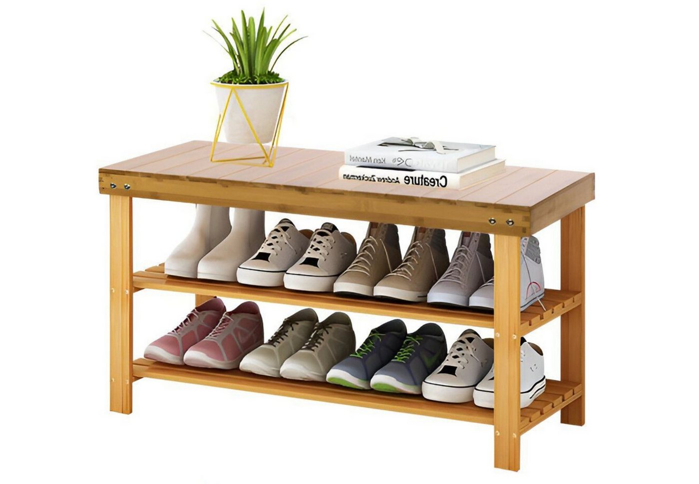 Home Collective Schuhschrank Bambus regal mit Bank, 3 Ebenen, platzsparende Regale, ideal für Flur Badezimmer, Wohnzimmer, 70 x 28 x 44 cm, aus Bambus, Holzoptik von Home Collective