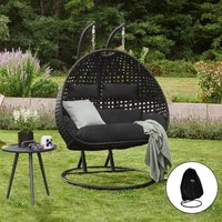 Home Deluxe - Hängesessel Twin - Schwarz, Höhe 195 cm - inkl. Regenabdeckung, Gestell, Sitz- und Rückenkissen i Polyrattan Hängestuhl Gartenschaukel von Home Deluxe