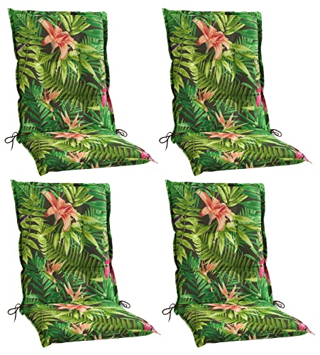 Home4You Gartenstuhlauflagen Mittellehner 4er Set - 110 x 50 cm - Grün - Dschungelmotiv - Baumwolle - Polyester - Sesselauflage Sitzpolster Stuhlauflage von Home4You