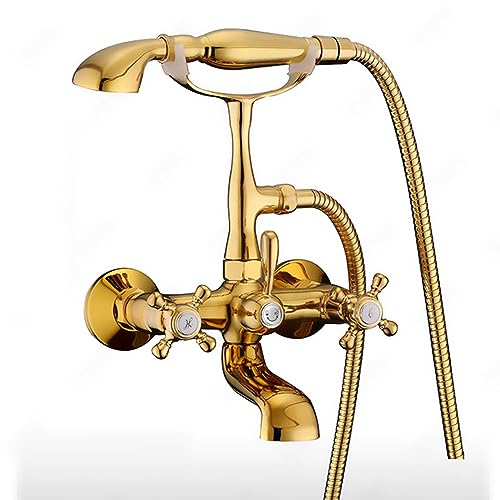 HomeLava Nostalgie Wannenarmatur Gold Retro Wannenbatterie Bad Badewannenarmatur Armatur Zwei Griffe Badewanne Mischbatterie mit Handbrause Wannenmischer mit Brause Wannenhahn von HomeLava