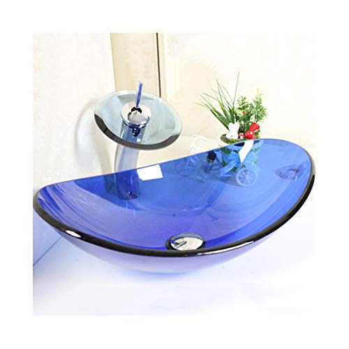 HomeLava Modern Blau Oval Glas Waschbecken mit Wasserfall Armatur,Ablaufgarnitur, Montagering von HomeLava